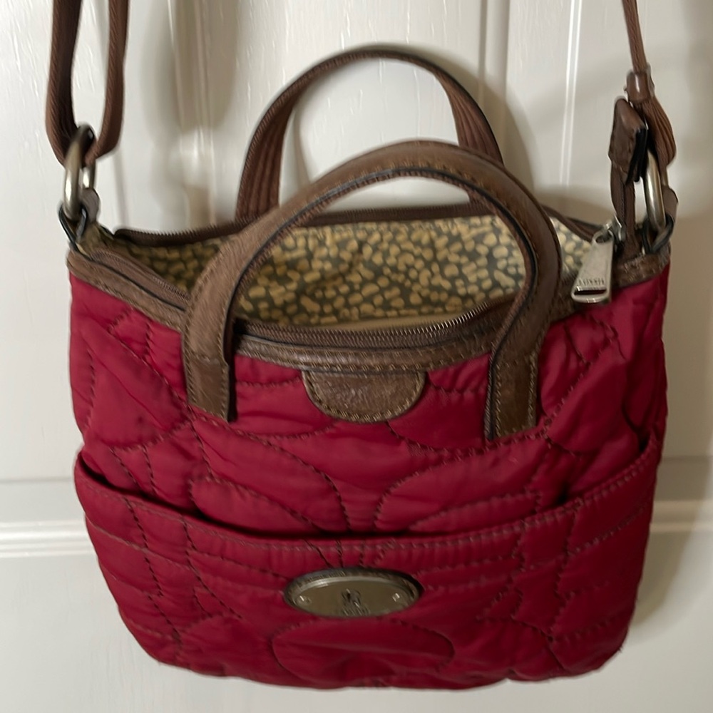 Fossil genuine leather trim, satchel/adjustable crossbody strap quilted purse